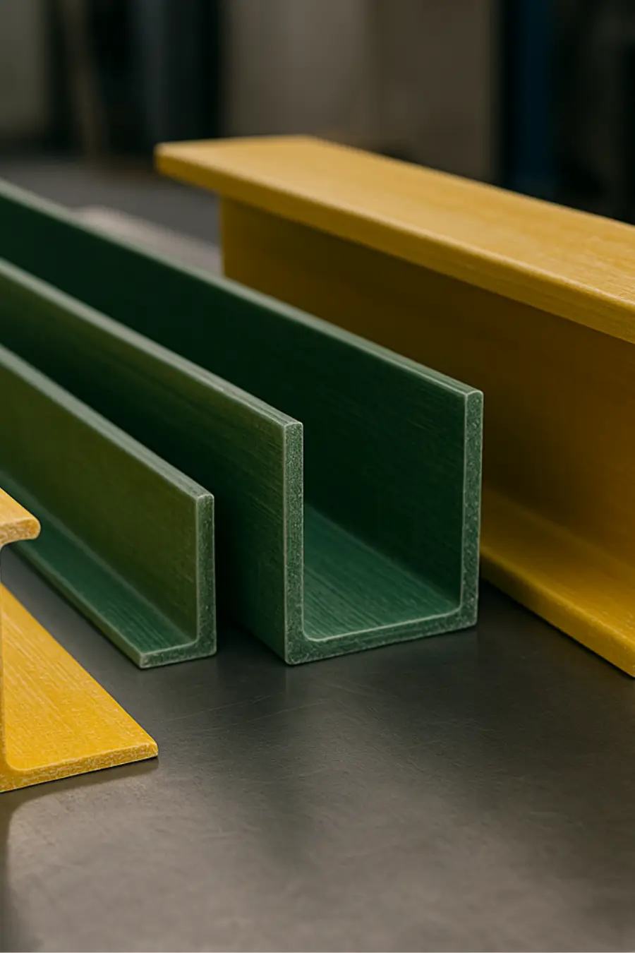 Perfiles estructurales de pultrusión FRP en colores amarillo y verde