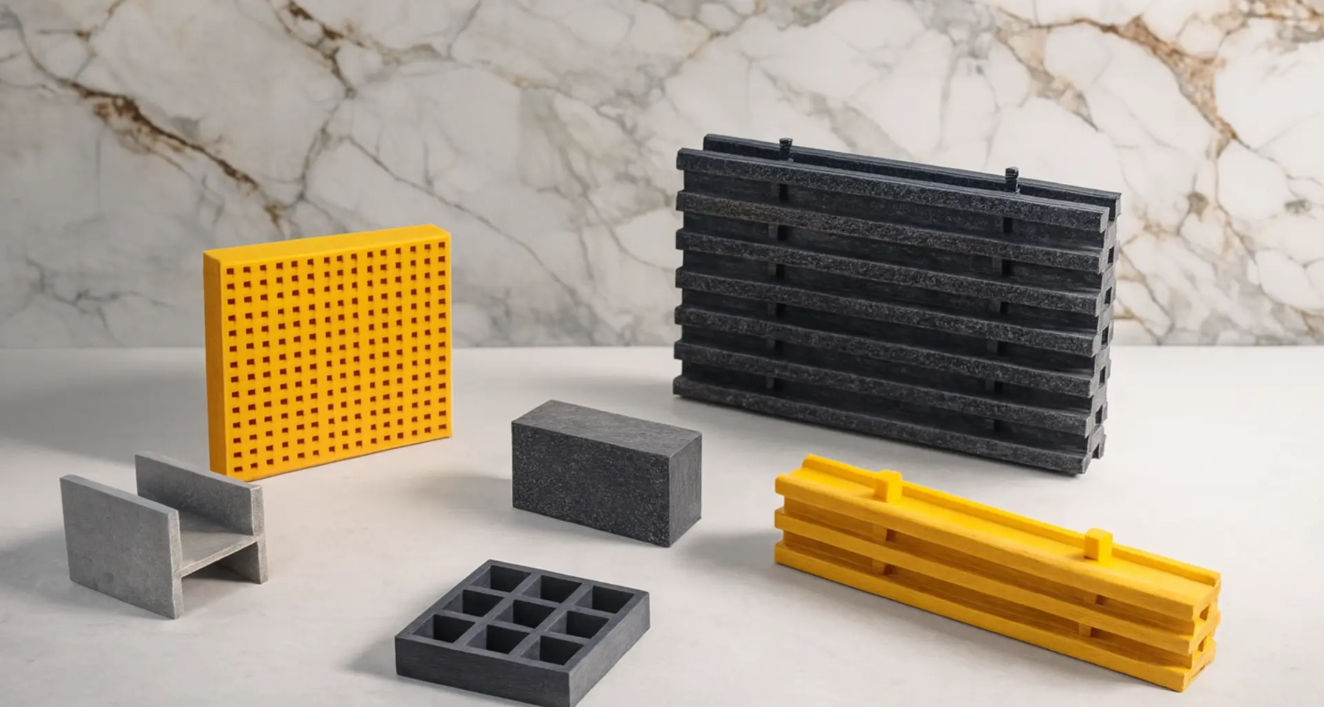 Perfiles estructurales de pultrusión FRP en colores amarillo y verde